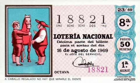 Décimo de Lotería Nacional de 1969 Sorteo 23 - A CABALLO REGALADO NO HAY QUE MIRARLE EL DIENTE