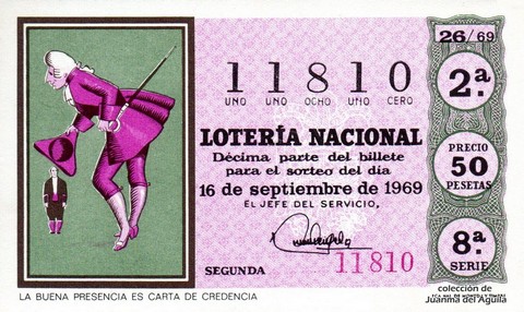 Décimo de Lotería Nacional de 1969 Sorteo 26 - LA BUENA PRESENCIA ES CARTA DE CREDENCIA