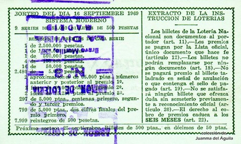 Reverso del décimo de Lotería Nacional de 1969 Sorteo 26