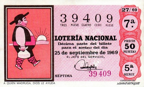 Décimo de Lotería Nacional de 1969 Sorteo 27 - A QUIEN MADRUGA, DIOS LE AYUDA
