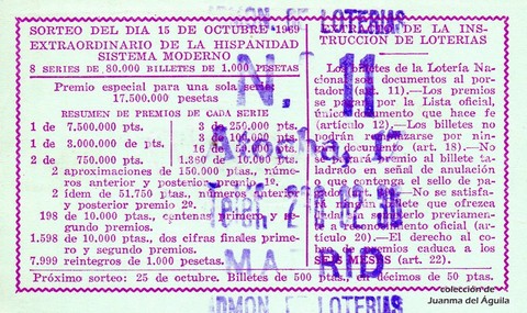 Reverso del décimo de Lotería Nacional de 1969 Sorteo 29