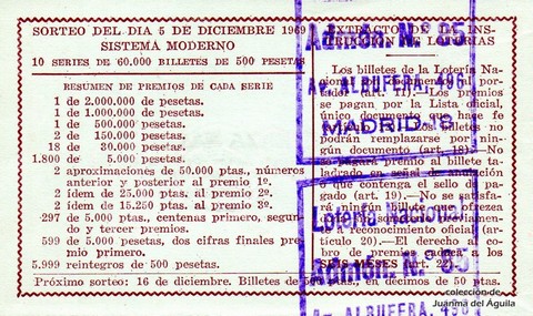Reverso del décimo de Lotería Nacional de 1969 Sorteo 34