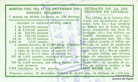 Reverso décimo de Lotería 1969 / 35