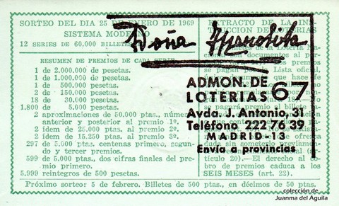 Reverso del décimo de Lotería Nacional de 1969 Sorteo 3