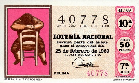 Décimo de Lotería Nacional de 1969 Sorteo 6 - PEREZA, LLAVE DE POBREZA