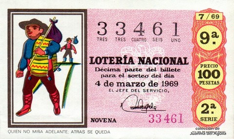 Décimo de Lotería Nacional de 1969 Sorteo 7 - QUIEN NO MIRA ADELANTE, ATRAS SE QUEDA