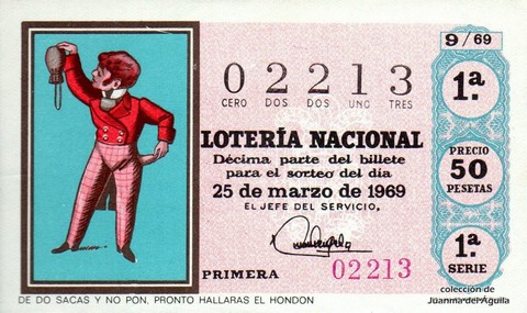Décimo de Lotería Nacional de 1969 Sorteo 9 - DE DO SACAS Y NO PON, PRONTO HALLARAS EL HONDON