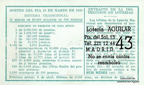 Reverso del décimo de Lotería Nacional de 1969 Sorteo 9