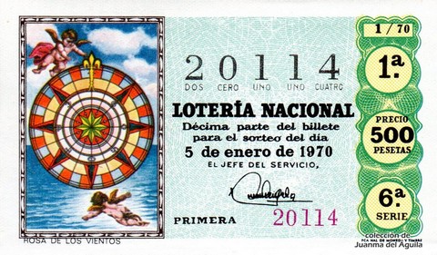 Décimo de Lotería Nacional de 1970 Sorteo 1 - ROSA DE LOS VIENTOS