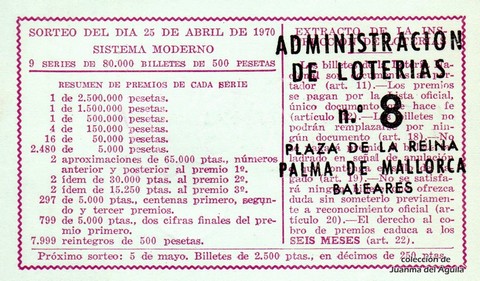 Reverso del décimo de Lotería Nacional de 1970 Sorteo 12