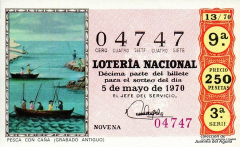 Décimo de Lotería Nacional de 1970 Sorteo 13 - PESCA CON CAÑA (GRABADO ANTIGUO)