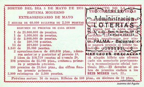 Reverso del décimo de Lotería Nacional de 1970 Sorteo 13