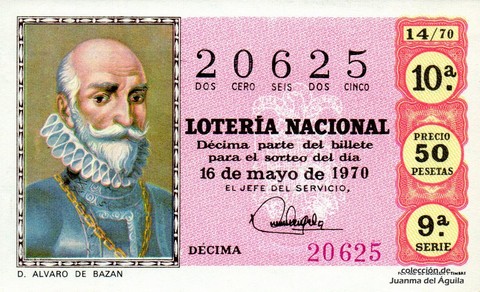 Décimo de Lotería Nacional de 1970 Sorteo 14 - D. ALVARO DE BAZAN