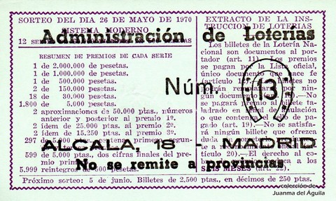 Reverso décimo de Lotería 1970 / 15