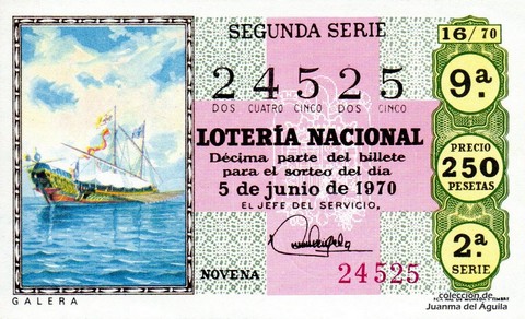 Décimo de Lotería Nacional de 1970 Sorteo 16 - G A L E R A