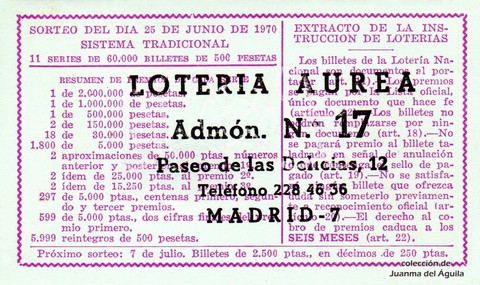 Reverso del décimo de Lotería Nacional de 1970 Sorteo 18