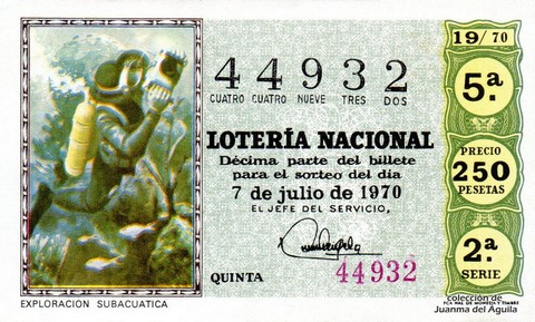 Décimo de Lotería Nacional de 1970 Sorteo 19 - EXPLORACION SUBACUATICA