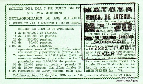 Reverso del décimo de Lotería Nacional de 1970 Sorteo 19