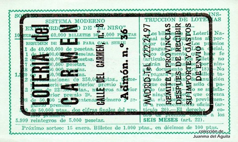 Reverso del décimo de Lotería Nacional de 1970 Sorteo 1
