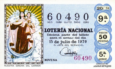 Décimo de Lotería Nacional de 1970 Sorteo 20 - NUESTRA SEÑORA DEL CARMEN
