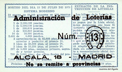 Reverso del décimo de Lotería Nacional de 1970 Sorteo 20