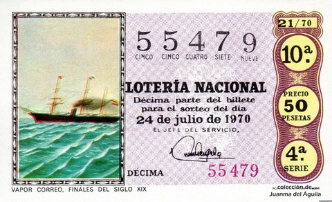 Décimo de Lotería Nacional de 1970 Sorteo 21 - VAPOR CORREO, FINALES DEL SIGLO XIX