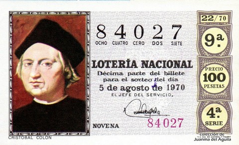 Décimo de Lotería Nacional de 1970 Sorteo 22 - CRISTOBAL COLON