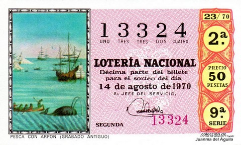 Décimo de Lotería Nacional de 1970 Sorteo 23 - PESCA CON ARPON (GRABADO ANTIGUO)