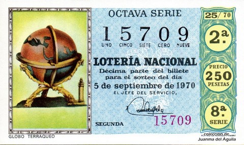 Décimo de Lotería Nacional de 1970 Sorteo 25 - GLOBO TERRAQUEO