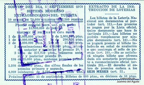 Reverso del décimo de Lotería Nacional de 1970 Sorteo 25