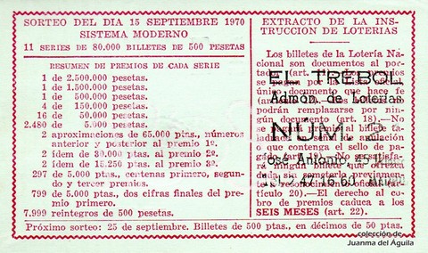 Reverso décimo de Lotería 1970 / 26