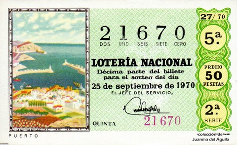 Décimo de Lotería Nacional de 1970 Sorteo 27 - P U E R T O