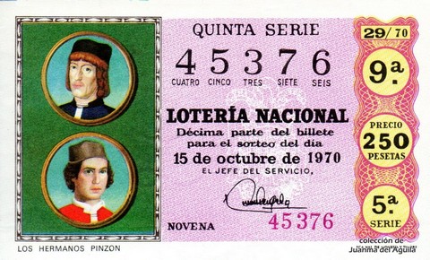 Décimo de Lotería Nacional de 1970 Sorteo 29 - LOS HERMANOS PINZON