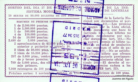 Reverso del décimo de Lotería Nacional de 1970 Sorteo 30