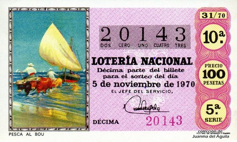 Décimo de Lotería Nacional de 1970 Sorteo 31 - PESCA AL BOU