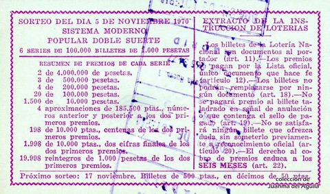 Reverso del décimo de Lotería Nacional de 1970 Sorteo 31