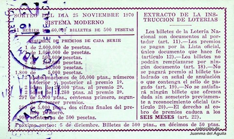 Reverso del décimo de Lotería Nacional de 1970 Sorteo 33