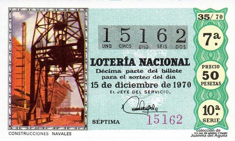 Décimo de Lotería Nacional de 1970 Sorteo 35 - CONSTRUCCIONES NAVALES