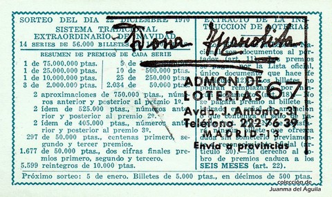 Reverso del décimo de Lotería Nacional de 1970 Sorteo 36