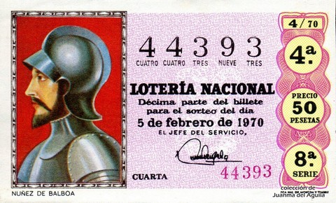 Décimo de Lotería Nacional de 1970 Sorteo 4 - NUÑEZ DE BALBOA