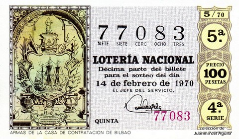 Décimo de Lotería Nacional de 1970 Sorteo 5 - ARMAS DE LA CASA DE CONTRATACION DE BILBAO