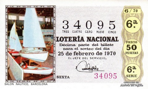 Décimo de Lotería Nacional de 1970 Sorteo 6 - SALON NAUTICO, BARCELONA