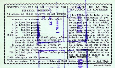 Reverso del décimo de Lotería Nacional de 1970 Sorteo 6