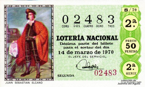 Décimo de Lotería Nacional de 1970 Sorteo 8 - JUAN SEBASTIAN ELCANO