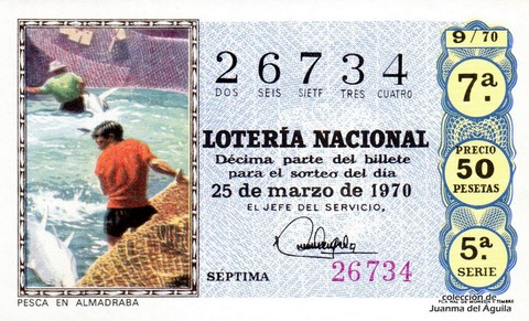 Décimo de Lotería Nacional de 1970 Sorteo 9 - PESCA EN ALMADRABA