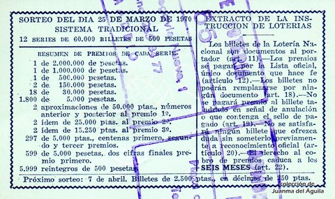 Reverso del décimo de Lotería Nacional de 1970 Sorteo 9