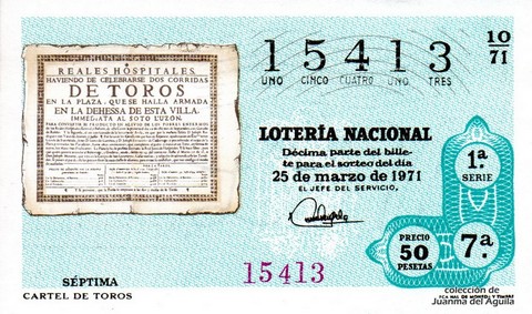 Décimo de Lotería Nacional de 1971 Sorteo 10 - CARTEL DE TOROS