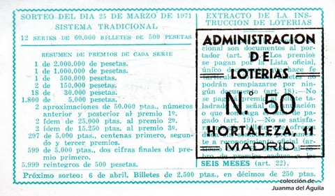 Reverso del décimo de Lotería Nacional de 1971 Sorteo 10