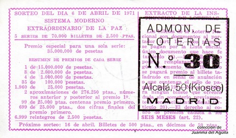 Reverso del décimo de Lotería Nacional de 1971 Sorteo 11