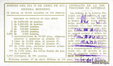 Reverso del décimo de Lotería Nacional de 1971 Sorteo 12
